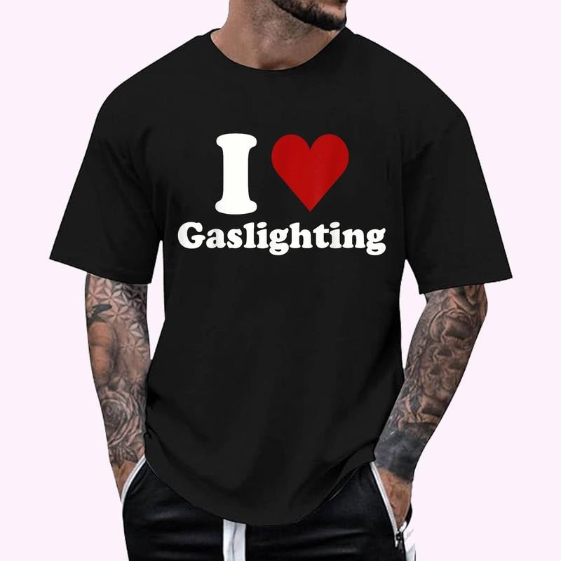 I Heart Gaslight Lover Funny T-Shirt - Men's Regular Fit Letter Graphic Round Neck Tee, Casual Short Sleeve, Crew Neck Shirt for Summer, Fashion Men's Top for daily Wear, Graphic Tees