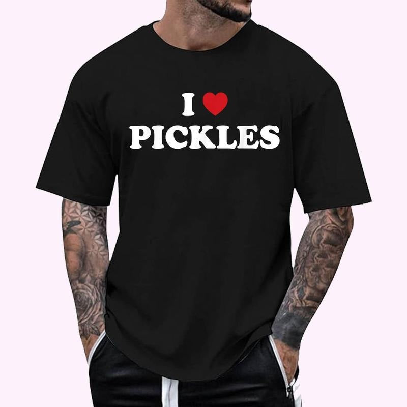 I Heart Pickles T-Shirt - Men's Regular Fit Letter Graphic Round Neck Tee, Casual Short Sleeve, Crew Neck Shirt for Summer, Fashion Men's Top for daily Wear, Graphic Tees