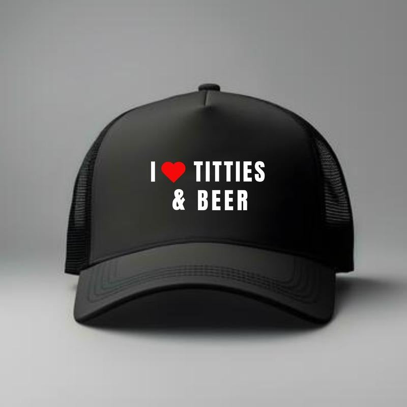 I LOVE TITTIES AND BEER One Size Adjustable Trucker Hat Black with Mesh Back and Bold Text Design