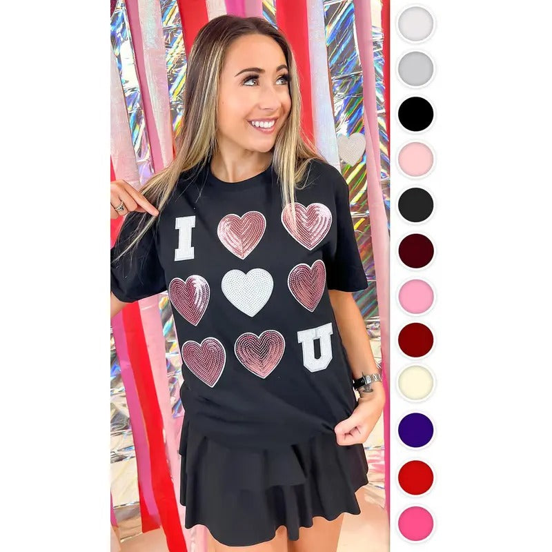I Love You Sequin Valentine Heart Graphic T-Shirt