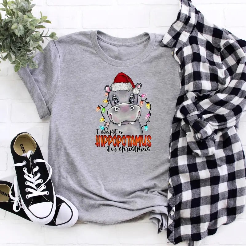 I Want A Hippopotamus For Christmas Shirt, Hippo Christmas Lights Sweatshirt, Xmas Party Shirt, Family Christmas Shirt Casual Cotton Fabric Jersey