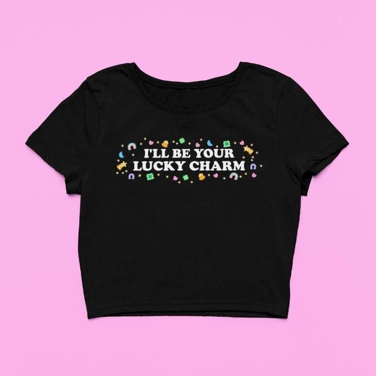 I'll Be Your Lucky Charm Baby tee Cute Clover Fitted Graphic Top Y2K Baby Tee Gift For Girlfriend St Patricks Day Gift For Her - graphic baby tee - Womenswear