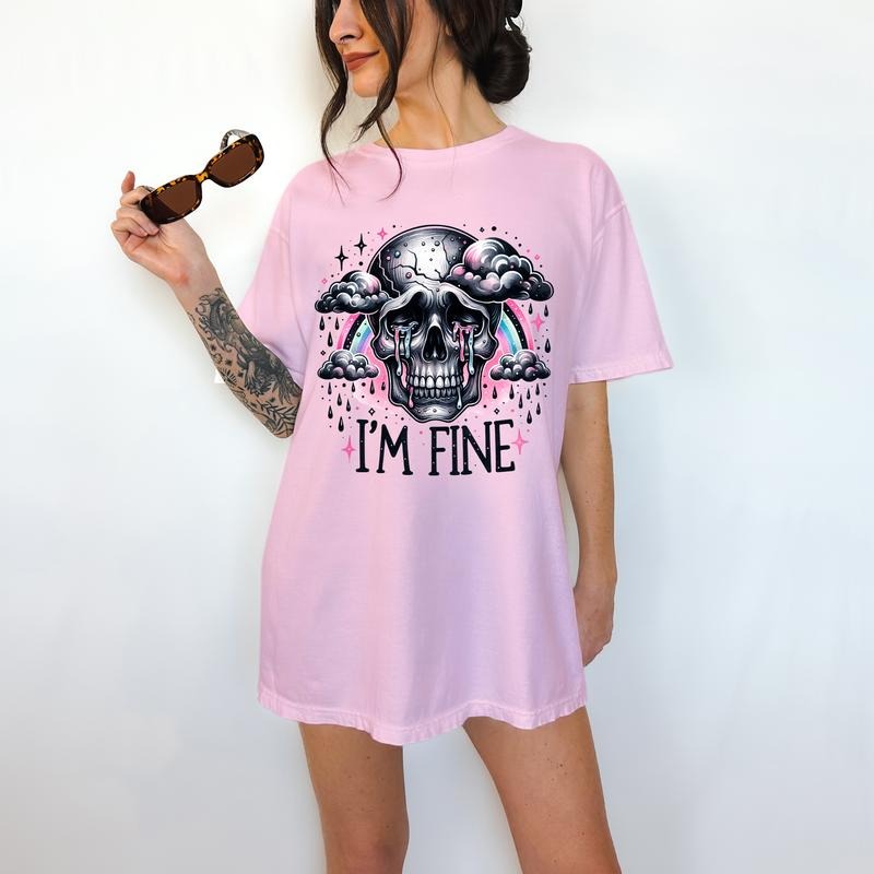 I'm Fine - T-Shirt, Skeleton Rainbow, Bright Graphic, Funny Apparel, Gift Idea, Relaxed Fit, Casual Apparel, Cute Top, Great with Jeans, All Seasons, Fun Style, Comfortable Shirt