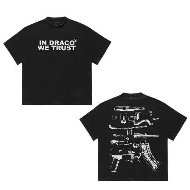In Draco We Trust Black T-Shirt, Vintage Graphic Tees Gothic Grunge Y2k Emo Scene Amity Affliction Style Clothes Men Women Streetwear