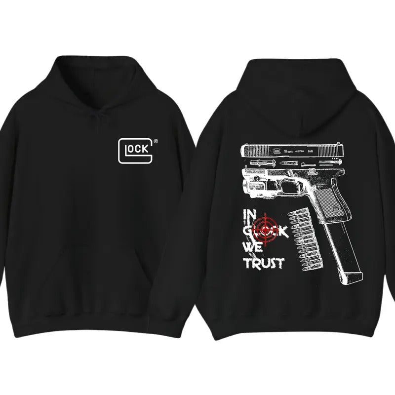 In Glock We Trust 2-Sided Hoodie T-Shirt, Cotton Pullover Graphic Tee, Menswear Streetwear Top, Aesthetic Biker Style for Gun Enthusiasts