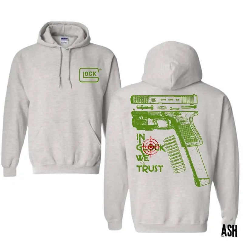 In Glock We Trust Standard size Ash Hoodie with Multicolor Design for Men and Women - Classic Fit - Menswear Womenswear