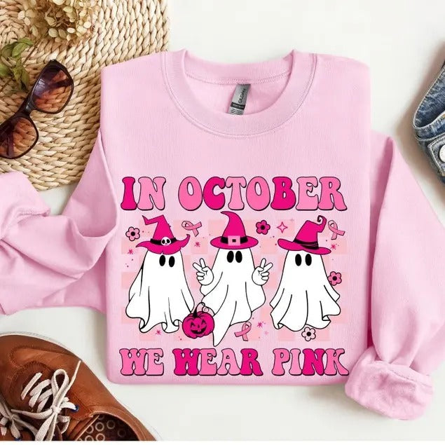 In October We Wear Pink Wizard Ghosts Sweatshirt, Breast Cancer Awareness Halloween T-Shirt, Support Breast Cancer Support Tee, Halloween Shirt, Halloween Sweatshirt, Unisex Classic Cotton Tee with Graphic Print in All Sizes, For Men, For Women