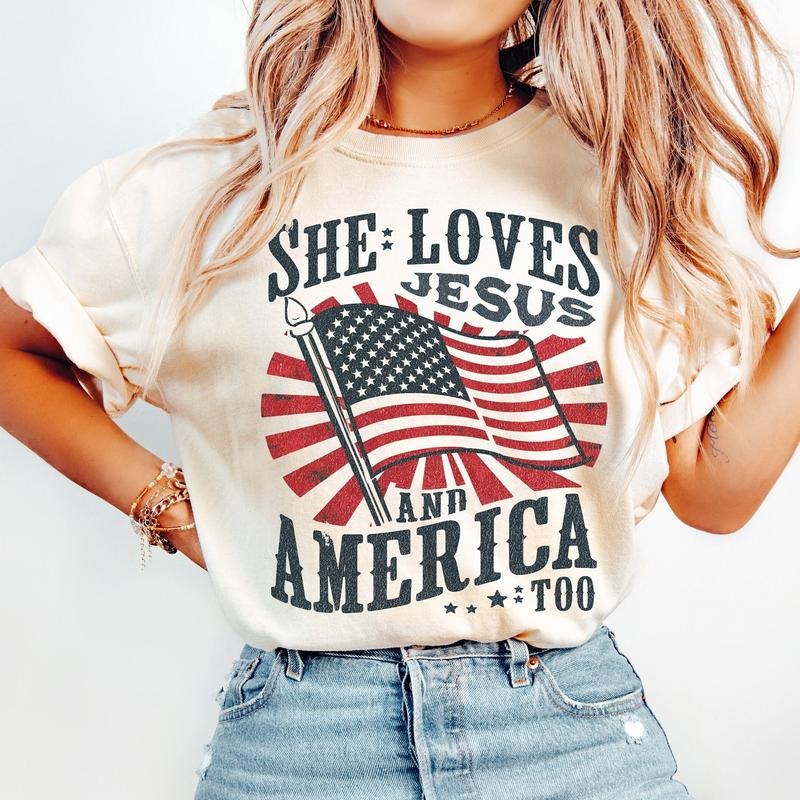 Independence Day Tee Shirt, Christian Shirt, 4th Of July Shirt, She Loves Jesus And America Too Shirt, America Retro Shirt, Usa Flag, Unisex T-Shirt, Gifts For Men Women, Short Sleeve Tee Shirt, Gifts For Birthday