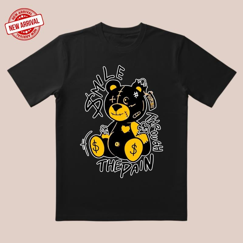 'Smile Through Pain' Tee | Black Bear Symbol & Yellow-White Clash | Trendy Motivational Wear for Daily/Date/Inspiration