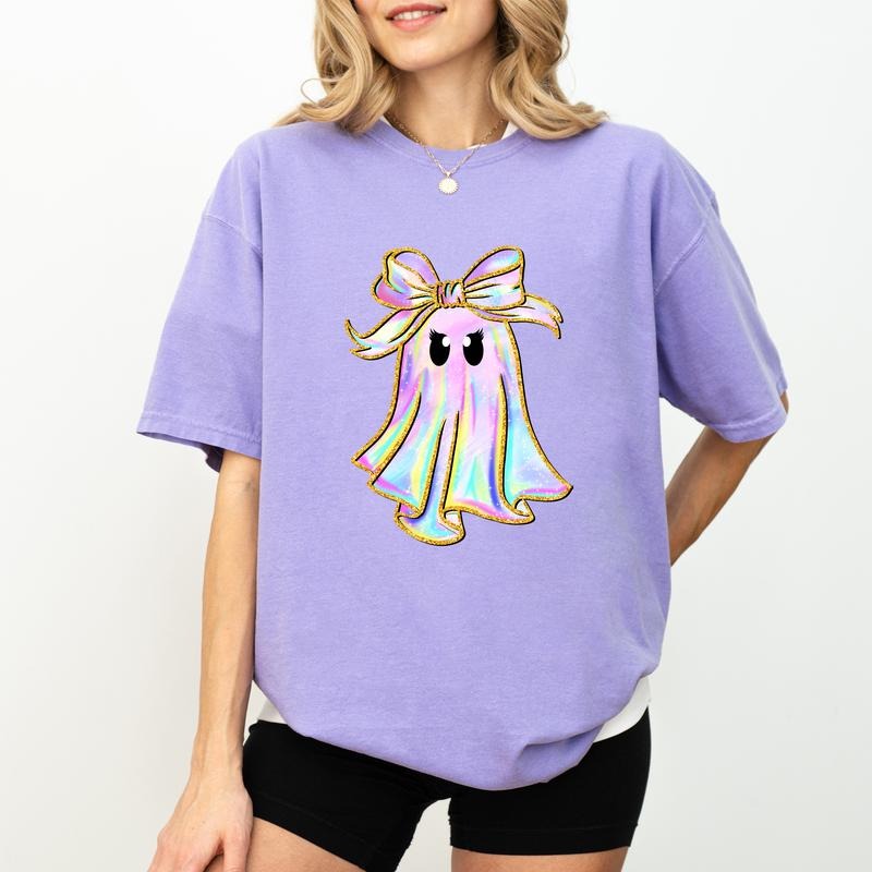 Iridescent Ghost Pumpkin Shirt Comfort Colors, Coquette Ghost Women Tee, Halloween Graphic Tee, Girls Halloween Crewneck Women Tee, Fall Pumpkin Comfy Short Sleeve Pullover, Halloween Gift, Womenswear Cotton Fabric Relaxed Tee