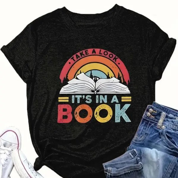 It's In A Book Shirt, Book & Letter Print Round Neck Tee, Book Sweatshirt, Women Tops Comfort Cotton
