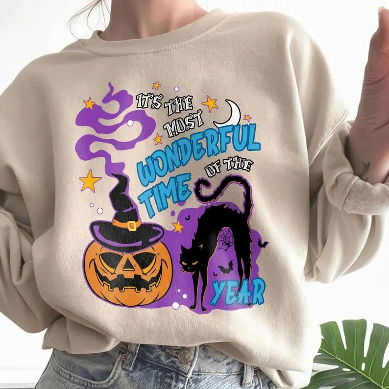 It's the Most Wonderful Time of the Year Sweatshirt, Vintage Black Cat Halloween Shirt, Retro Halloween Pumpkin Shirt, Halloween Apparel