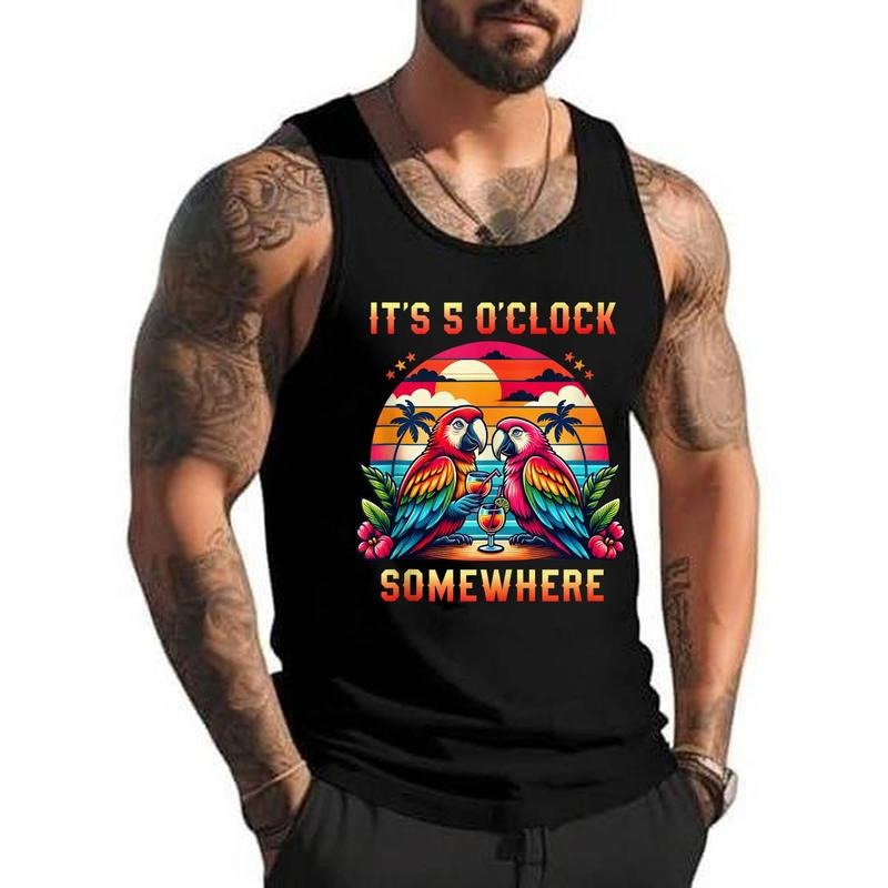 It_s 5 O_clock Somewhere Parrot Sunset Drinking Summer Retro Unisex Tank Top, Cotton, Size S-3XL