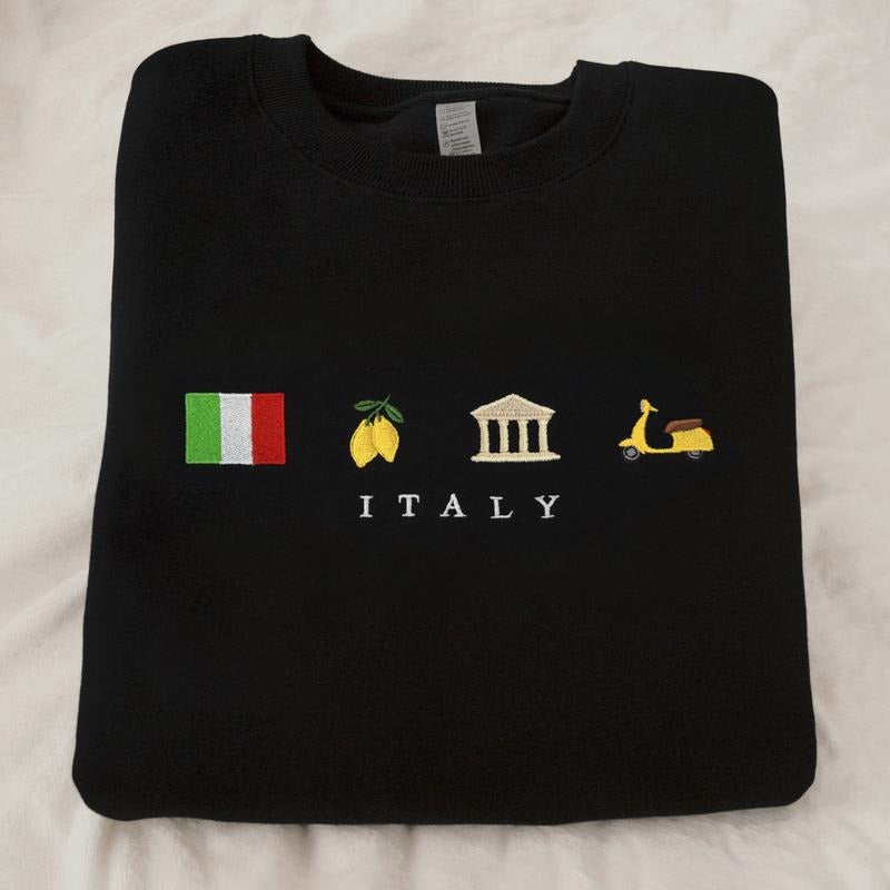 Italy Embroidered Sweatshirt, Cozy, Comfortable Crewneck, Black, Flag, Lemon, Travel, Summer, Winter, Vespa Scooter, Europe, Dolce Vita, Mediterranean, Cotton, Black