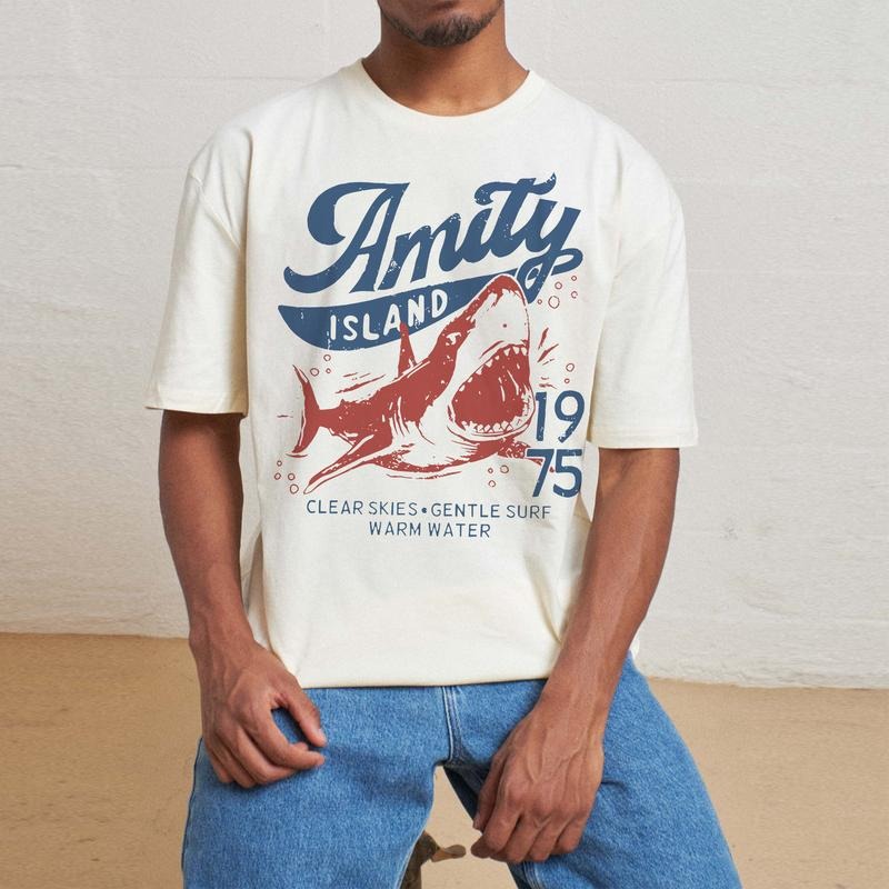 Jaws Amity Island 1975 Unisex Tee, Movie Inspired Gift, Cotton TShirt for Film Buffs, Retro Summer Shirt, Vintage Beach Tee