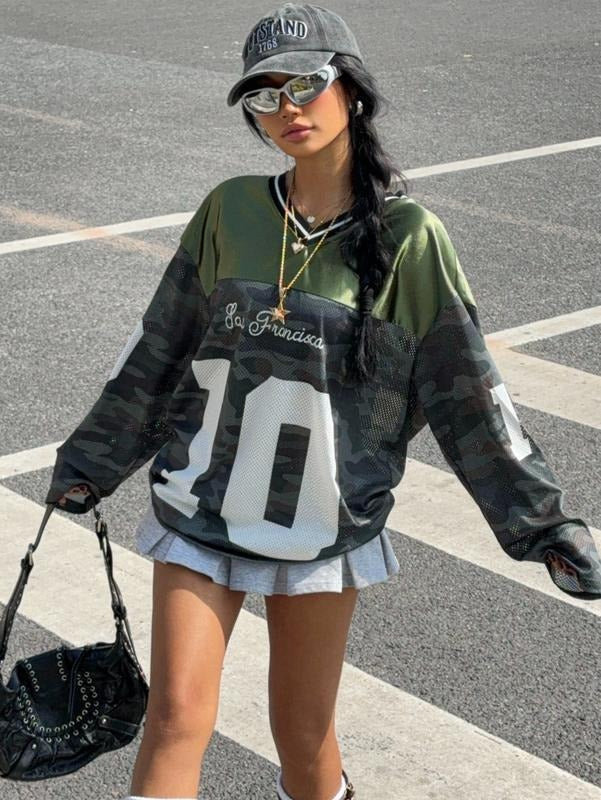 Jersey Shirt Long Sleeve Y2K Oversized V Neck Mesh Sport Graphic Tee Tops