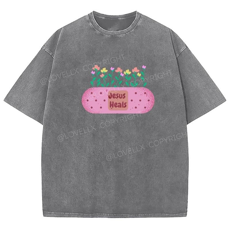 Jesus Heals Washed T-Shirt, Christian Jesus t shirts, Vintage 90s Graphic Tee Gift Cotton Top Womenswear Bottom