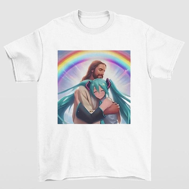 Jesus Hugging Hatsune Miku T Shirt Fun and Quirky Design for Anime and Faith Enthusiasts