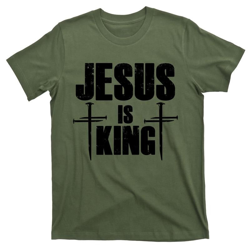 Jesus Is King 3 Nails Cross Christian T-Shirt for Men - Redeemed Collection Classic Crewneck Cotton Top