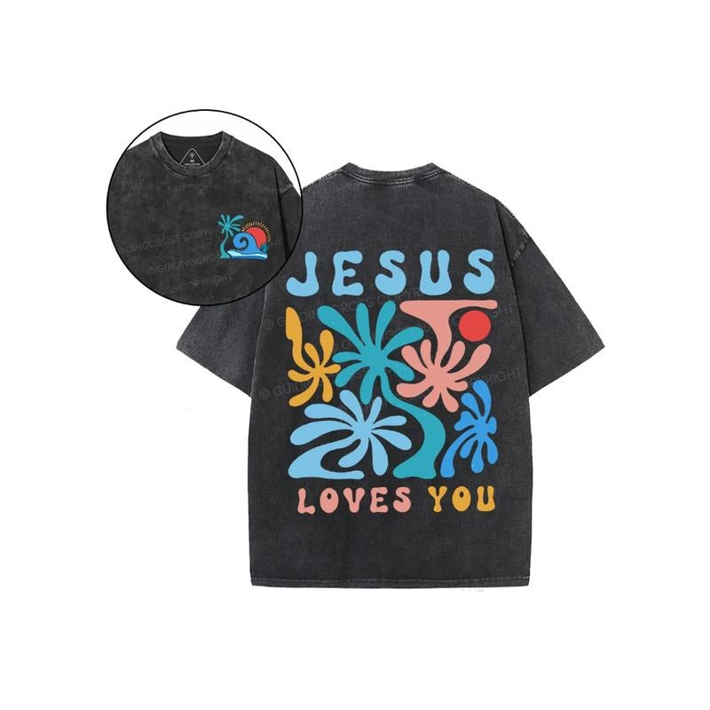 Jesus Love You Christian 2 Sided Comfy Printed Tee Pure Cotton Fabric Casual Streetstyle Crew Neck Short Sleeve Soft-Washed T-Shirt Trendy Tops for Women for Men, Perfect Gift
