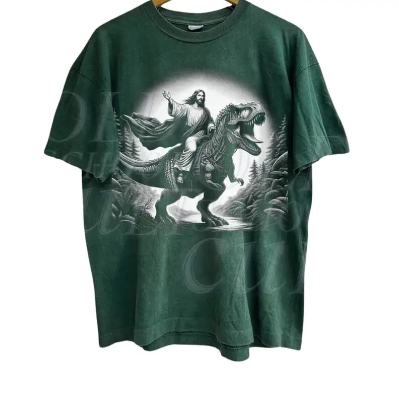 Jesus Riding A Dinosaur Vintage 90s Graphic Shirt, Jesus Hand Drawn Shirt, Christian Easter Tee, T Rex Jesus Shirt, Retro Halftone Y2k Shirt Menswear