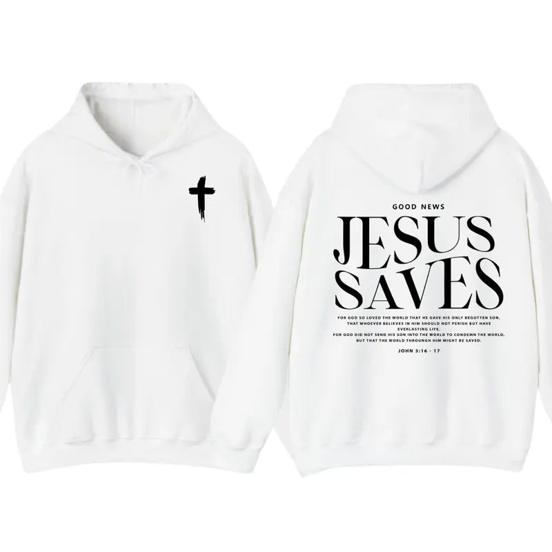 Jesus Saves John 316-17 Front and Back Print Christian Pullover Hoodie Full Color Belief in Jesus Christ Sweatshirt Savior Crewneck Tee for Men Women