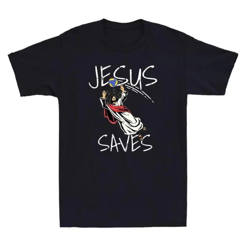 Jesus Saves Volleyball Funny Volleyball Graphic Tee, Gift Humor Jesus Meme Men's T-Shirt, Unisex T Shirt Cotton Menswear Top Day Seamless Underwear