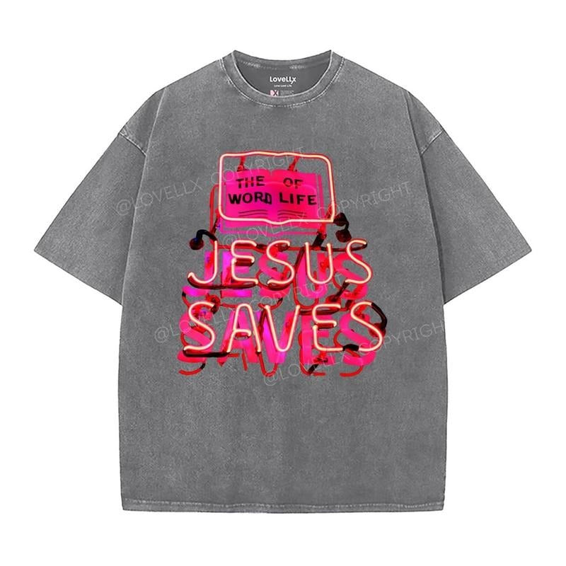 Jesus Saves Washed T-Shirt, Christian Jesus t shirts, Vintage 90s Graphic Tee Gift Cotton Top Womenswear Bottom