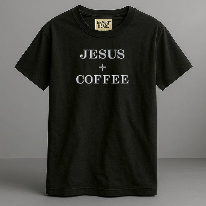 Jesus + Coffee Plus Christian Faith Love of God and Caffeine Embroidered Comfort Colors T-Shirt Relaxed Fit 100% Ring-Spun Cotton Garment-Dyed Heavyweight Tee