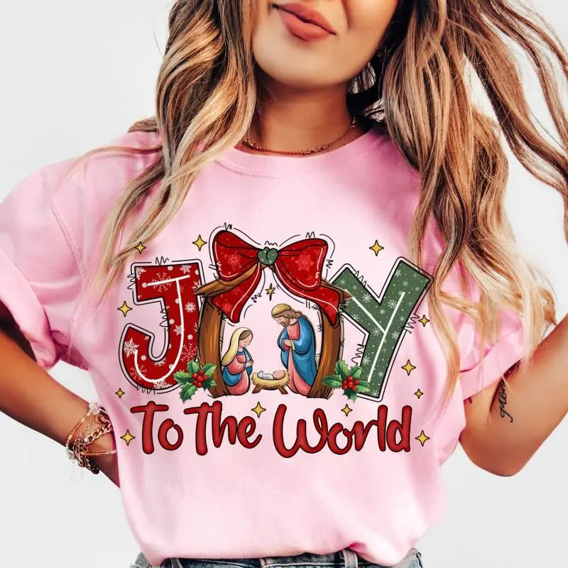 Joy To The World christmas shirt Women's Oversized Christmas Shirt - Festive Printed Design - Cotton, Comfortable