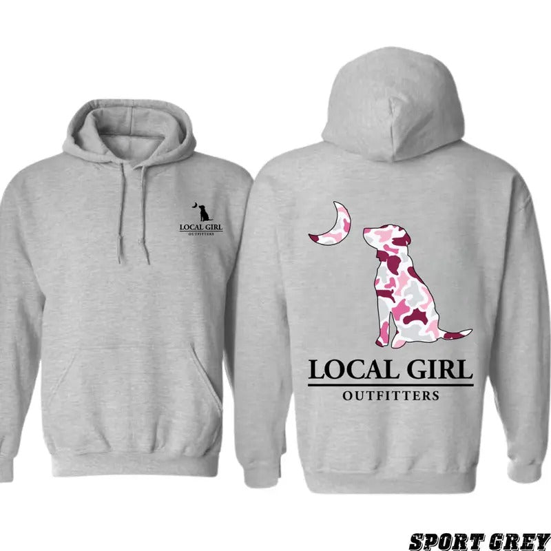 Judy Local Girl Outfitters Hoodie - Bold Pink Camo Dog and Moon Design, Perfect for Outdoor Showcasing Southern Pride and a Love for the Outdoors Womenswear Sweaters TTP