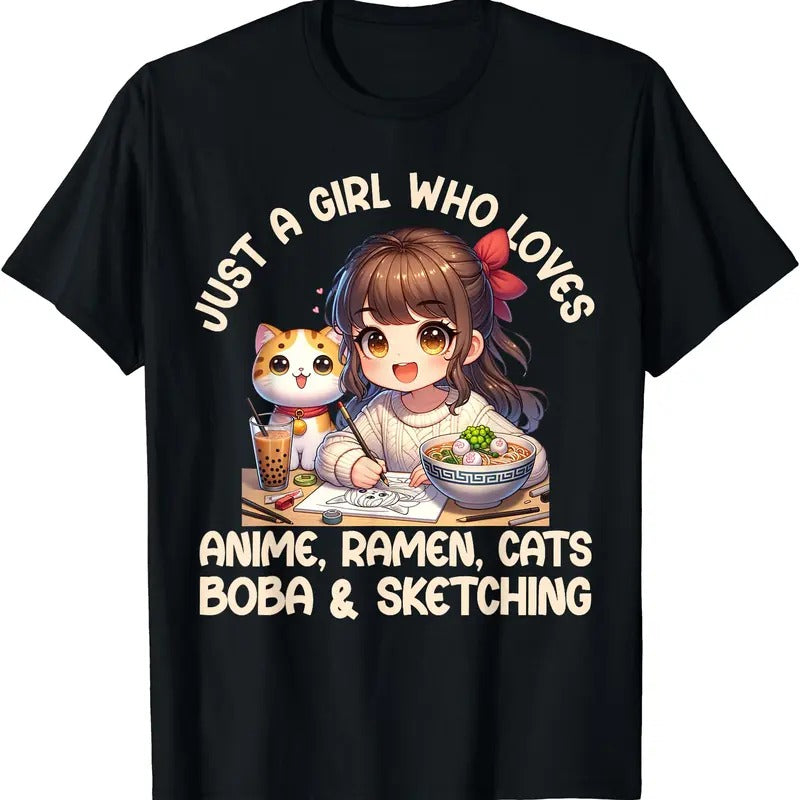 Just A Girl Who Loves Anime Ramen Cats Boba And Sketching TShirt