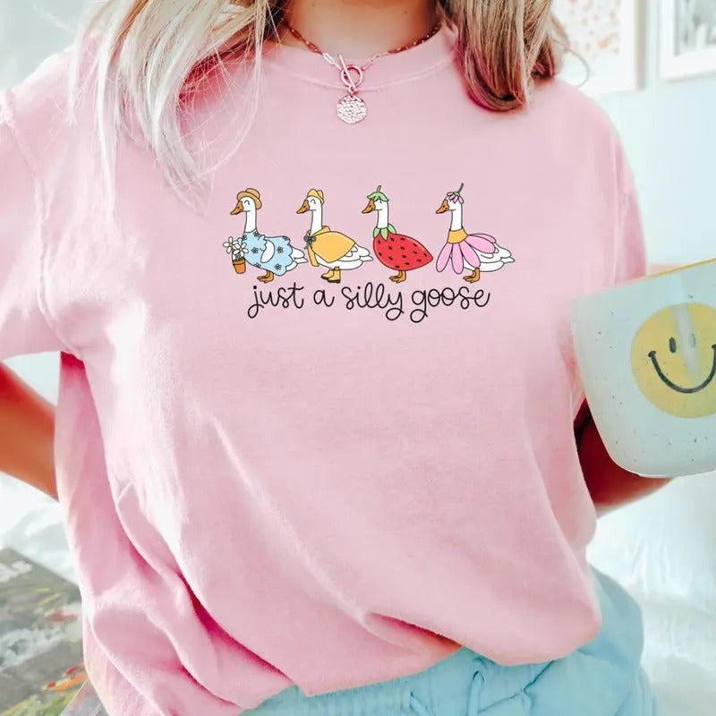 Just A Silly Goose T-shirt, Funny Graphic Shirt, Cute Goose Shirt, Trendy Casual Pullover, Cozy Shirt, Gifts for Animal Lovers, Fun Quirky tee, Gift for Her, Comfortable Everyday Wear, Unisex Sweatshirt, Cute Humor Apparel