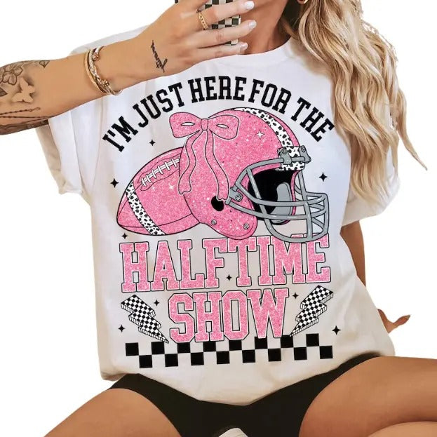 Just Here for the Halftime Show Tee, Classic Checkered Rugby Shirt, Funny Game Day Graphic Tee Coquette Bow, Streetwear