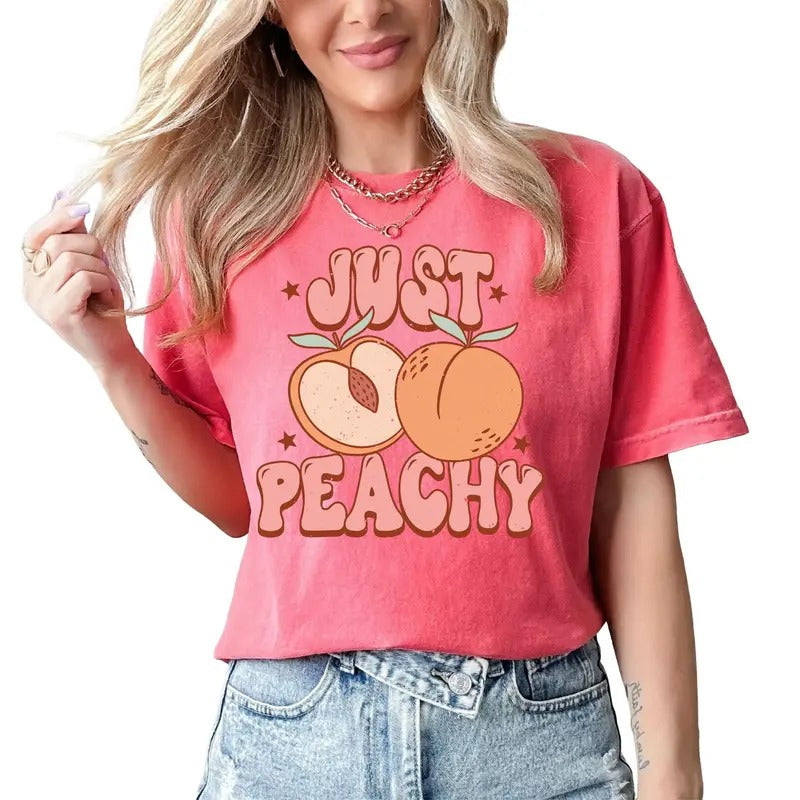 Just Peachy Shirt, Summer Shirts, Cute Womens Shirt Gift, Retro Summer Shirt, Summer Vibes Shirt, Unisex T-Shirt, Short Sleeve Tee Shirt, Unique Gifts For Women, Gifts For Birthday