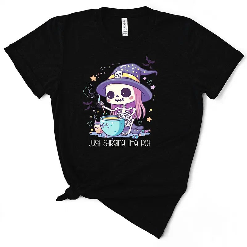 Just Stirring The Pot Skeleton Witch Halloween TShirt Comfort Top