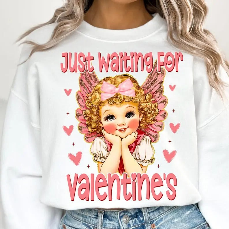 Just Waiting For Valentines Sweatshirt, Valentines Day Sweatshirt, Retro Valentine Sweatshirt, Cupid Sweatshirt, Valentine Heart Sweatshirt, Love Sweatshirt,