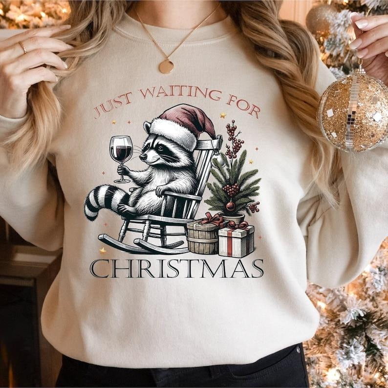 Just Waiting for Christmas Sweatshirts, Christmas Raccoon Hoodie, Christmas Feral Girl Crewneck, Funny Raccoon Xmas Shirt, Holiday T-shirt, sweater and Hoodie
