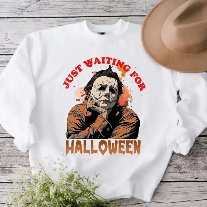 Just Waiting for Halloween Sweatshirt , Retro Horror Halloween, Unisex