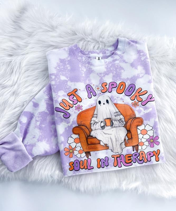 Just a Spooky Soul in Therapy Halloween Ghost Bleached Graphic Sweatshirt or Hoodie Unisex Womenswear Crewneck Casual Tshirt Top