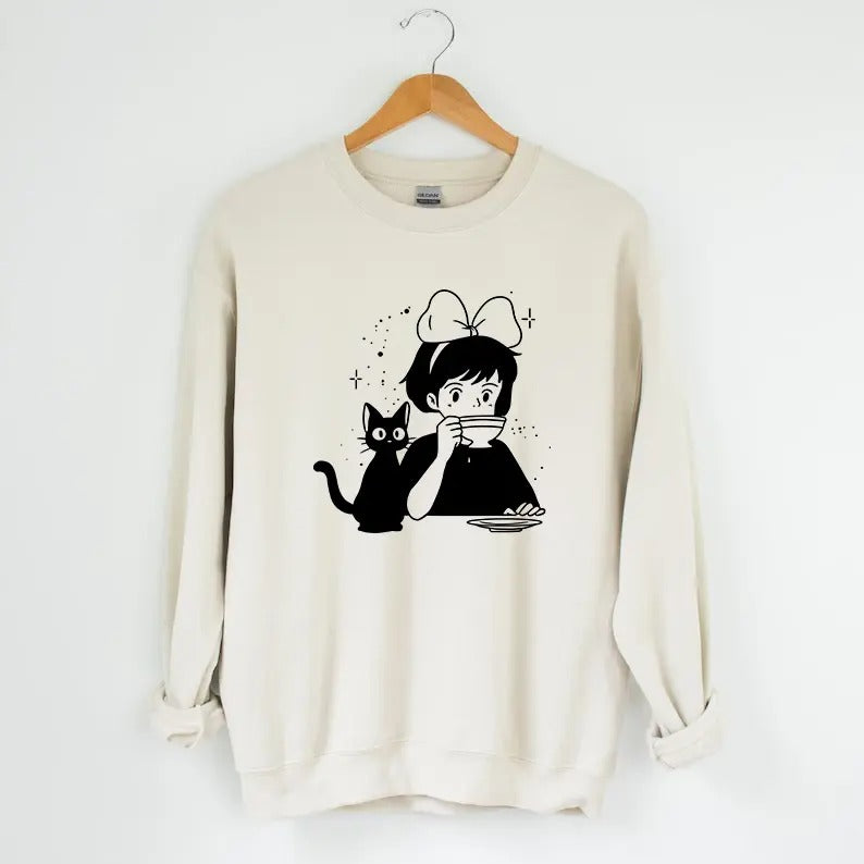 Kiki's Delivery Service Sweatshirt, Jiji Sweatshirt, Studio Ghibli Sweatshirt, Hayao Miyazaki, Anime Fanstyle{n002}3