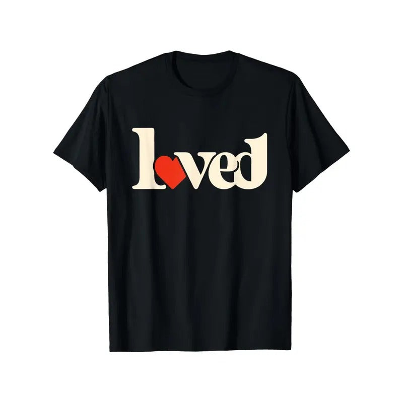 LOVED Red Heart Valentines Day Love Adults Matching Couples T-Shirt, 100% Cotton, Fabric Weight 180g, Gift for Men Women Friends Family, S-XXXL, Black made in usa