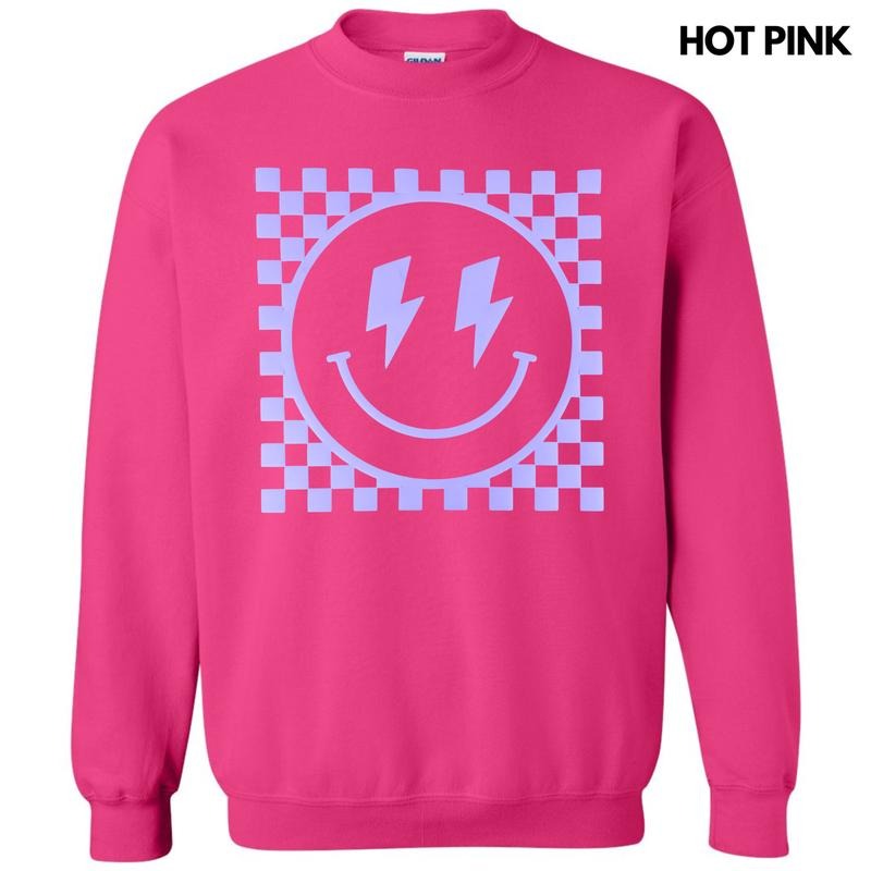 Lavender Checkered Happy Face Puff Sweatshirt