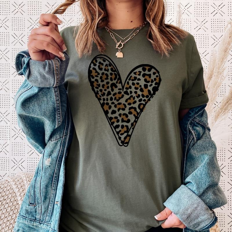 Leopard Heart T-Shirt Pink Leopard Heart Tee Red Womens Tshirt St. Patricks Tshirt Valentines Heart T-Shirt Comfort Fabric Top Womenswear