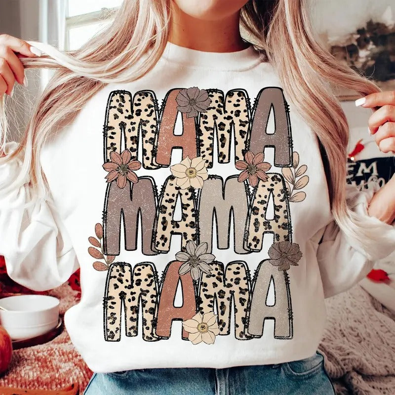 Leopard Mama Flower Crewneck Shirt, Retro Mama Shirt, Mama Groovy Boho Tee, Mother's Day Gift