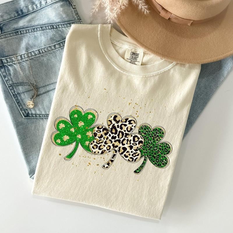 Leopard Print Shamrocks, St Patrick's Day Comfort Colors Tshirt, Women's Crew Neck, Crewneck