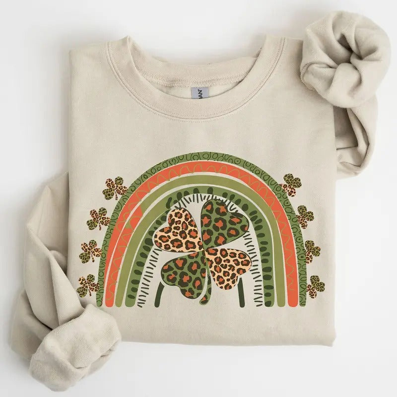 Leopard Rainbow, Shamrock, St. Paddy's Day, Clover, Lucky, Irish, Lucky Charm, St Patrick's Day Sweatshirt, Crew Neck, Women's, Crewneck