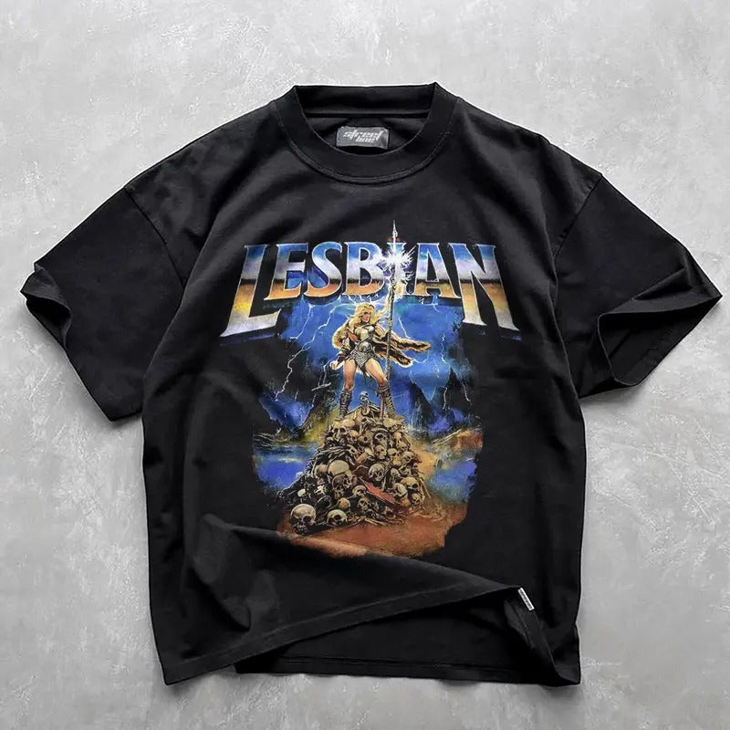 Lesbian Warrior Dark Fantasy T-Shirt, Graphic Shirt, Retro Funny Cat Shirt, LGBT Vintage Shirt, Funny Lesbian Gifts, Funny Meme T-shirt