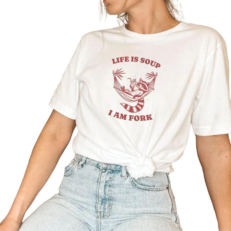 Life Is Soup I Am Fork, Funny Racoon, Weirdcore Meme Graphic Tees That Go Hard, Gift For Animal Lovers, Mental Health Shirt, Unisex T-Shirt, Gifts For Adult Teenager, Short Sleeve Tee Shirt, Gifts For Birthday