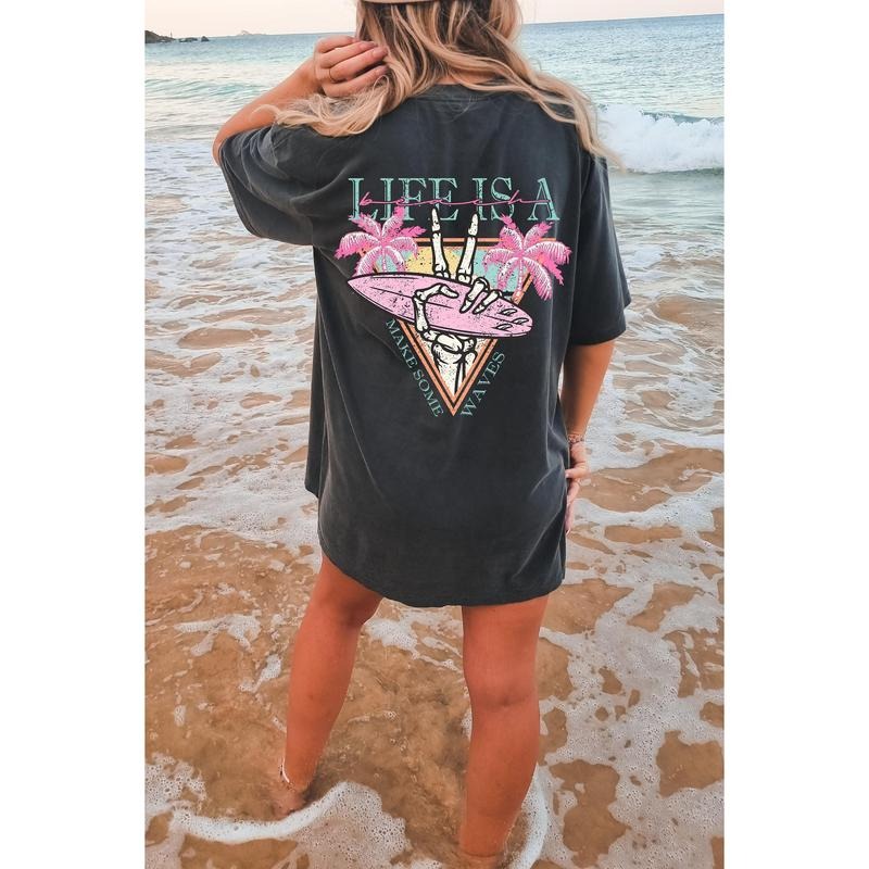 Life is a Beach Make Some Waves Oversized TShirt, Surfing Skeleton Shirt, Graphic Tees For Women, Boho Tee
